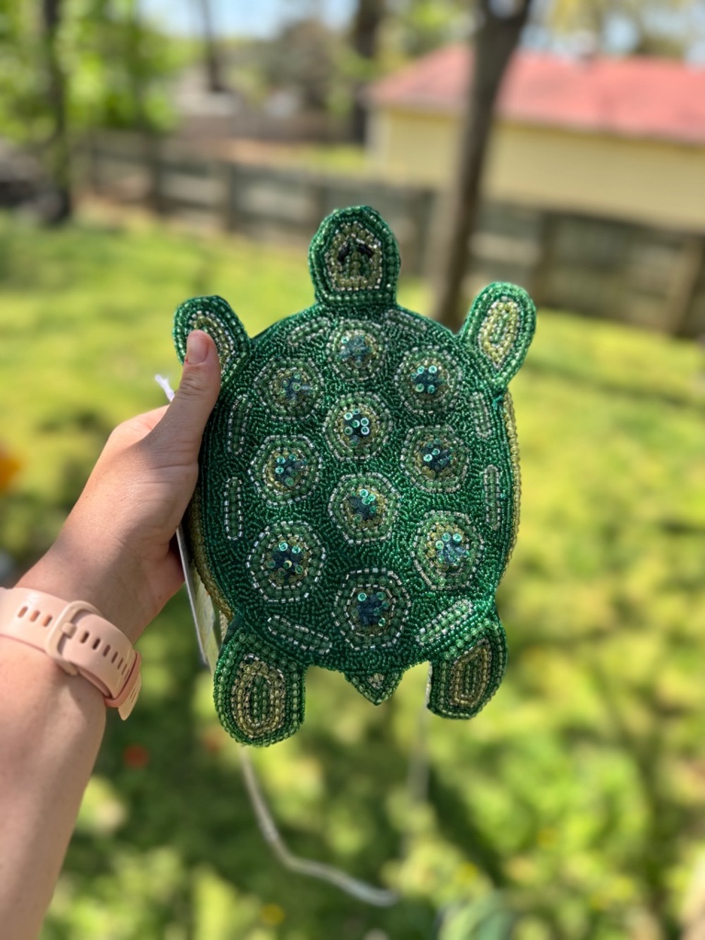 Hand-Beaded Green Turtle Shoulder Bag